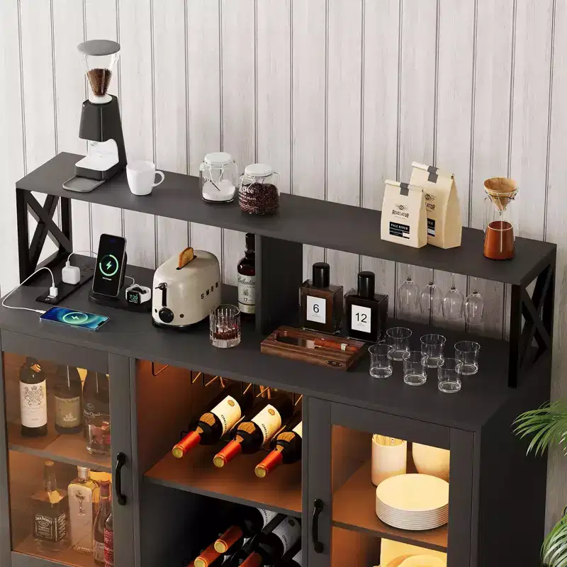 TROPOW Bar Cabinet, Liquor Cabinet with Power Outlets & LED Lights - Glass Holder/Wine Racks, Coffee Bar