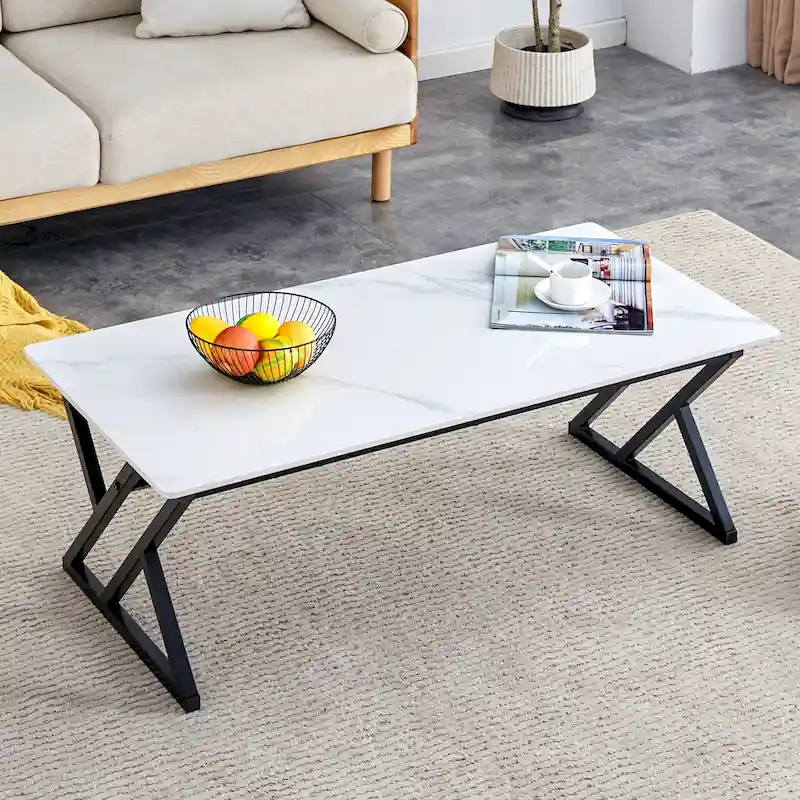 47 Modern Rectangular Coffee Table with Sintered Stone Tabletop and X-shaped Metal Legs