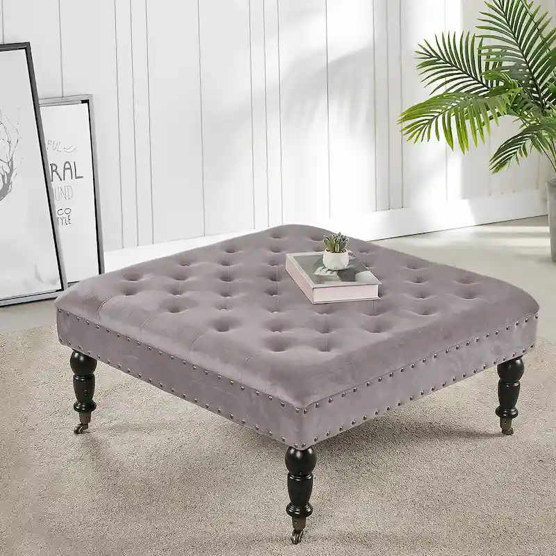 Button-Tufted Round Ottoman – 33 x 33 x 18 Inch