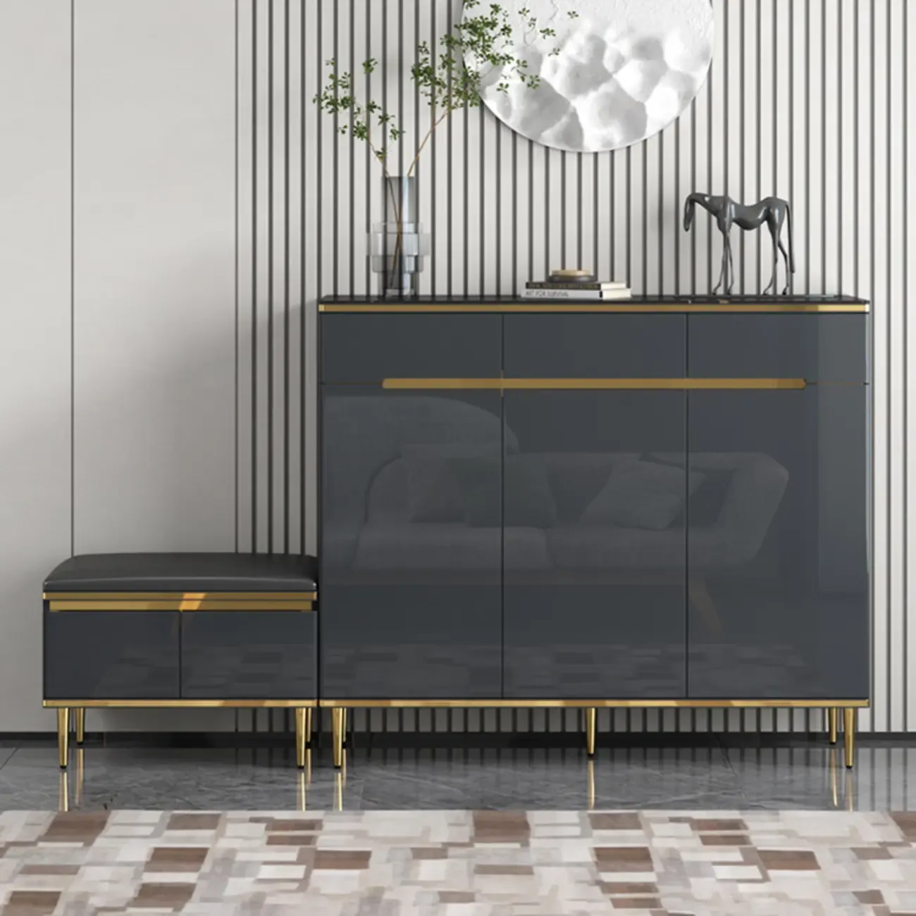 Glam Grey Solid Wood Entryway Shoe Storage Cabinet