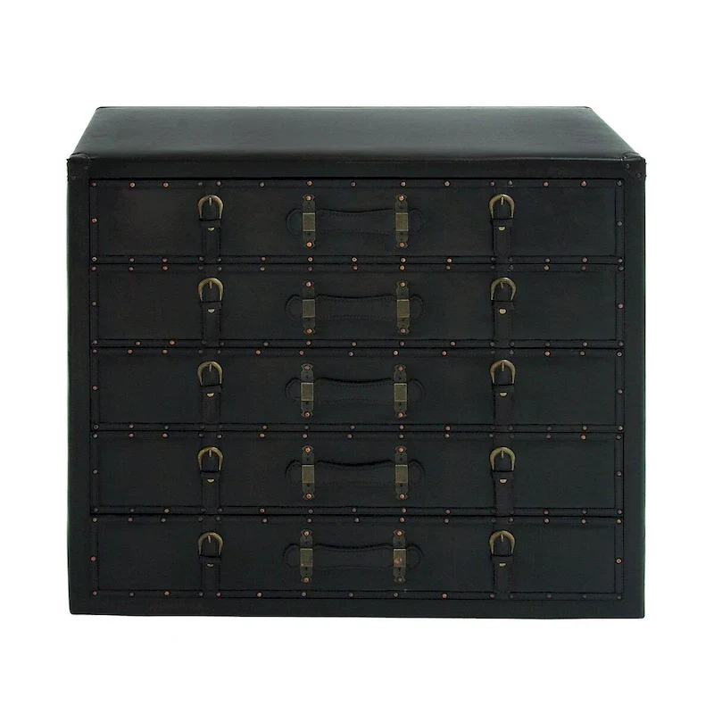 Wooden Vintage Faux Leather Room Chest with Buckles and Straps Detailing - Black