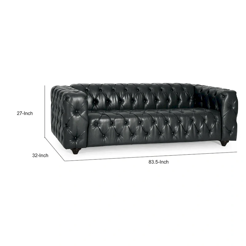Sofa, Chesterfield Tufted Black Faux Leather Upholstery, Wood, 84 Inch