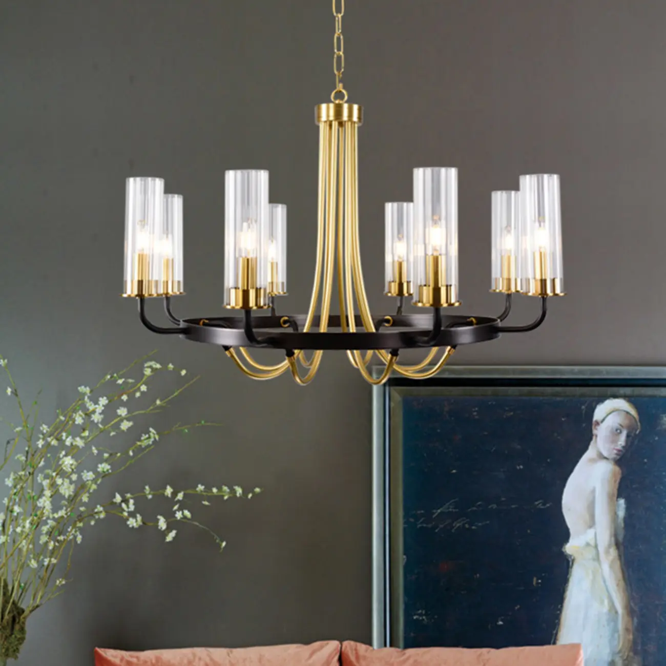 Modern Circle Black Gold Clear Glass Shade Chandelier