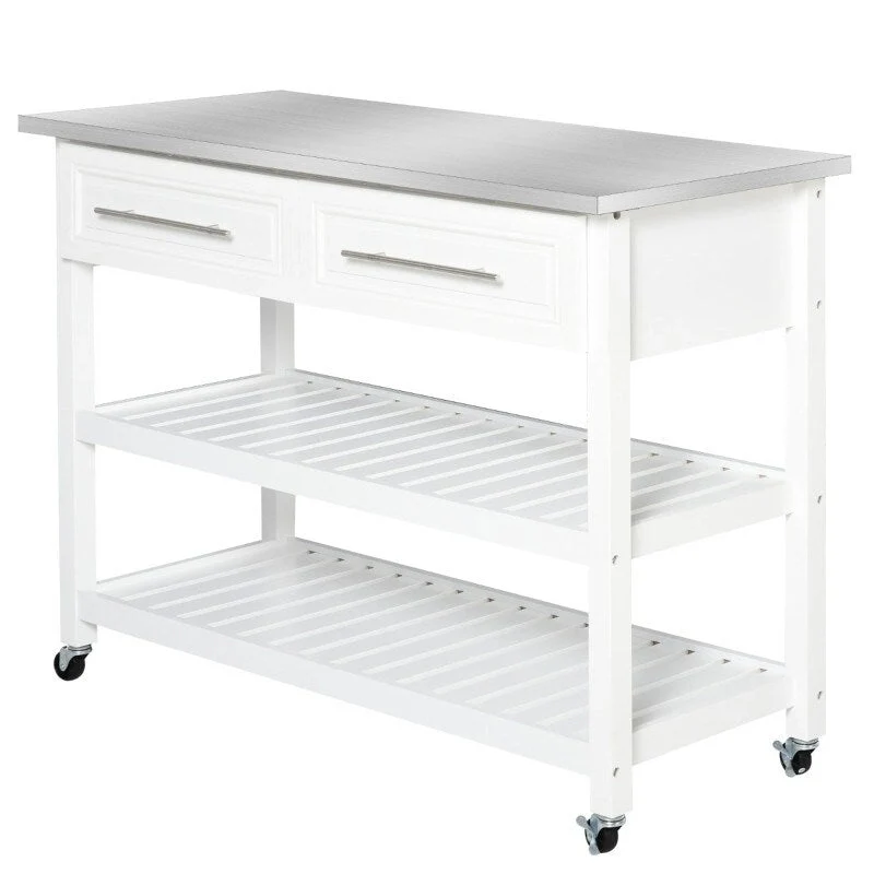 White Rolling Kitchen Island 2 Drawers Storage with Stainless Steel Top - 47.25L x 19.75W x 36 H