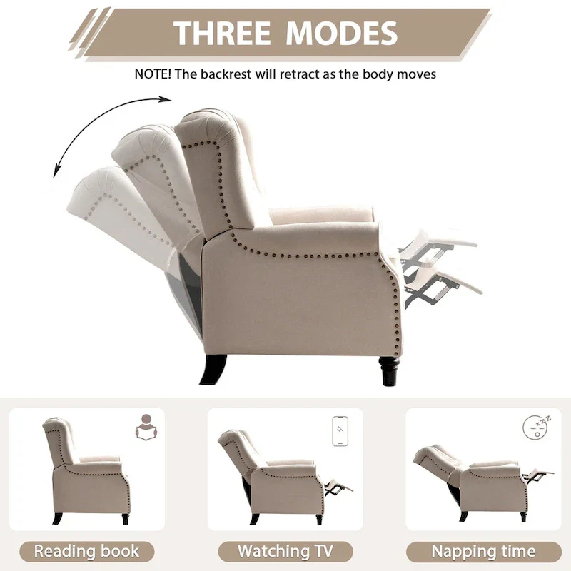 Push Back Recliner with Tufted Back and Wooden Legs