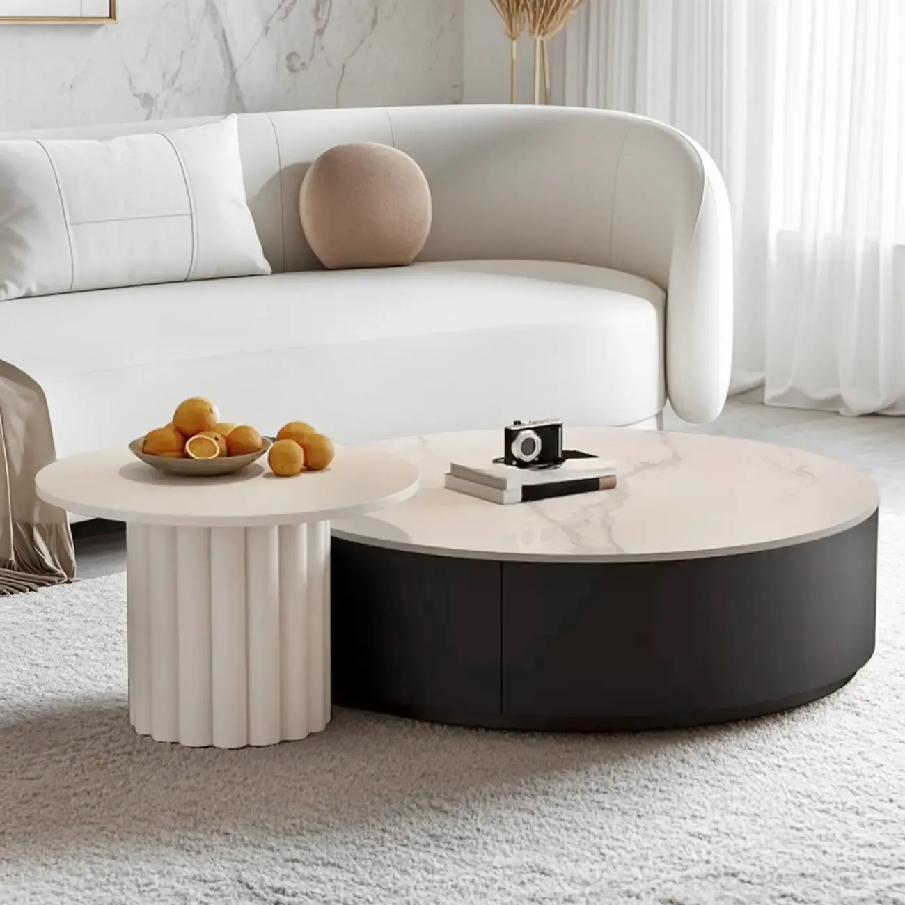 Black White Modern Stylish Round Wood Drawer Coffee Table