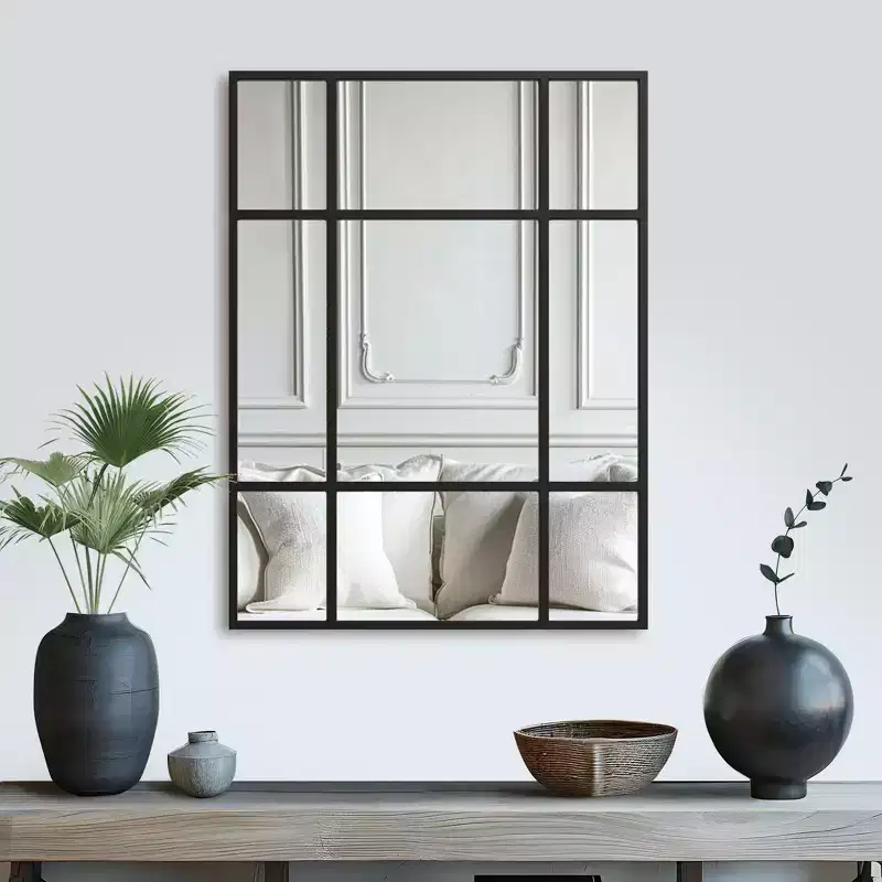 Black/Gold Rectangle Metal Windowpane Wall Mirror, Vertical Hanging