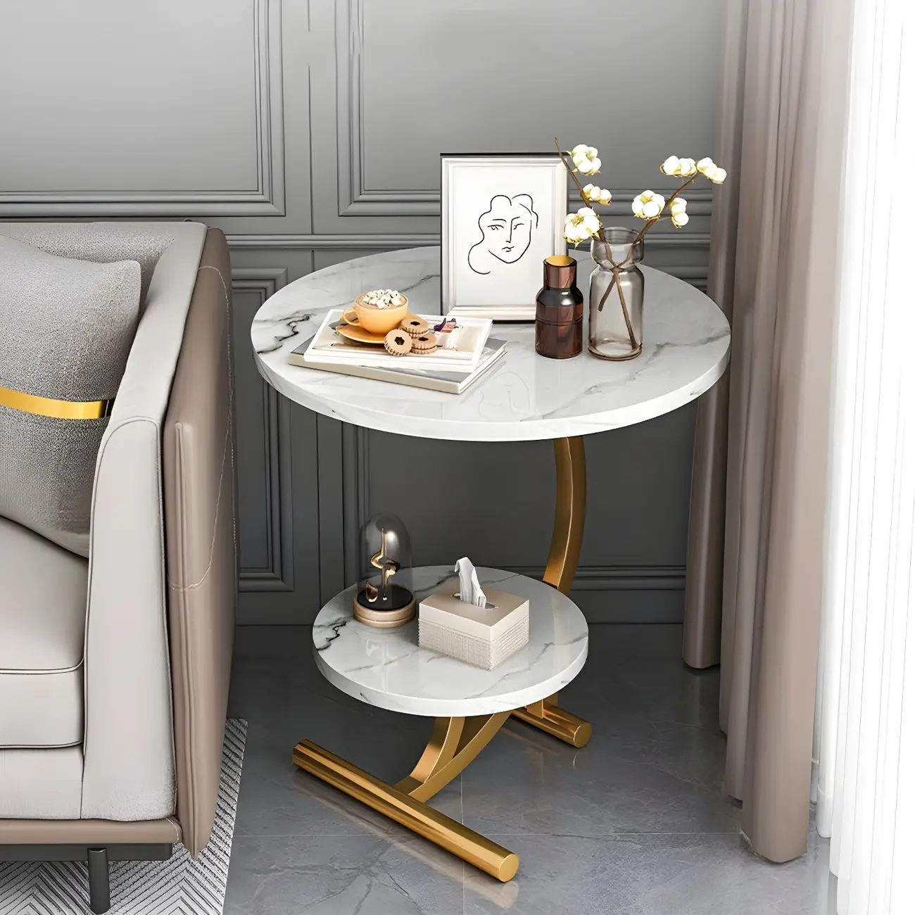 Modern Metal Frame Elegant Round Double Layer Nightstands