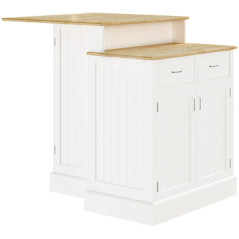 Kitchen Island with Storage Cabinet and 2-Level Rubber Wood Tabletop, Island Table with Adjustable Shelves and Drawers