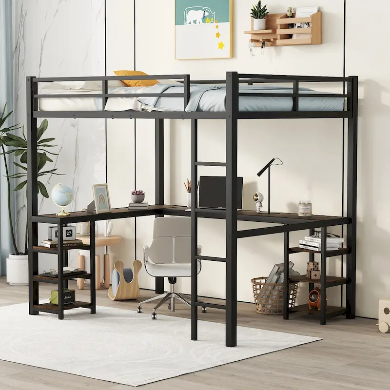 Black Full Size Metal Loft Bed with Desk, Shelves, Ladder, and Guardrails