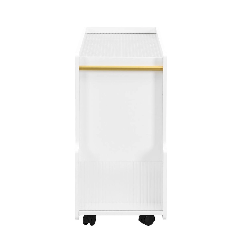 31.5 Modern Mobile End Table with 5mm Thick Fluted Tempered Glass, Lockable Wheels and Golden Round Rod