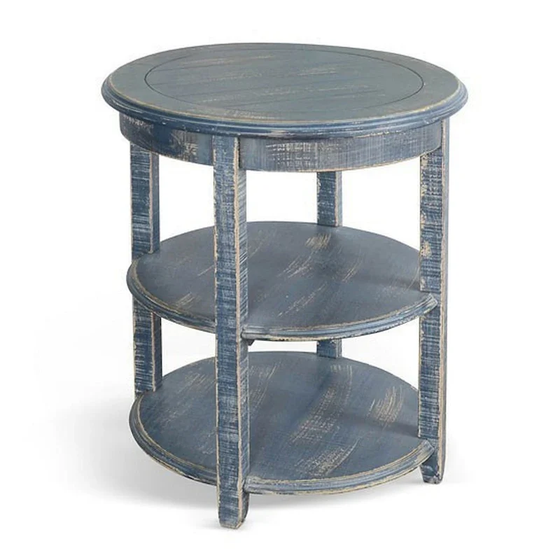 Rena Side End Table with 2 Shelves, 24 Inch Ocean Blue Mahogany Wood