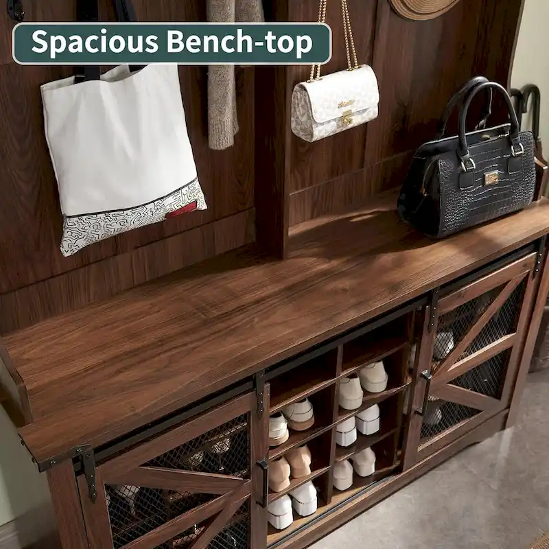 42  Wide Farmhouse Entryway Bench with Coat Rack, Mudroom Cabinet