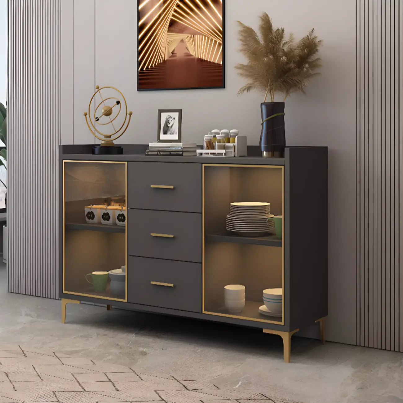 Trendy 6 Drawers White/Black Kitchen Cabinets with Metal Foot