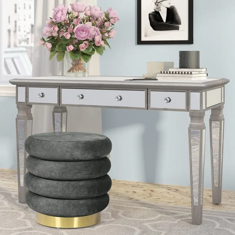 Adeco Round Velvet Ottoman Upholstered Foot Stool