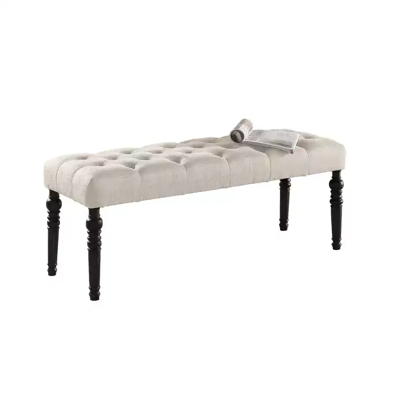 Roundhill Furniture Leviton Fabric Tufted Turned Leg Dining Bench, Beige