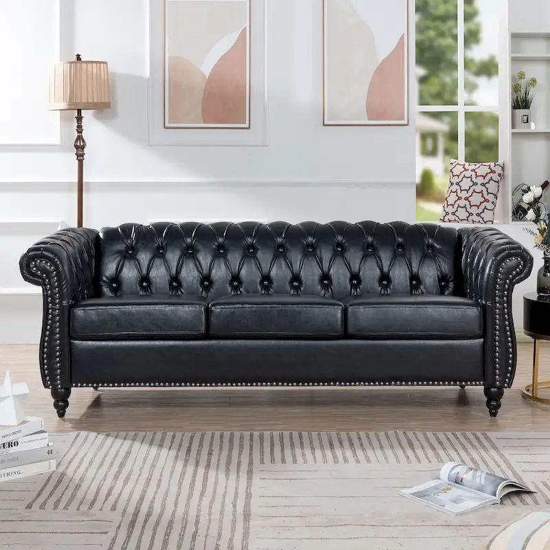 Faux Leather Rolled Arm Chesterfield Three Seater Sofa