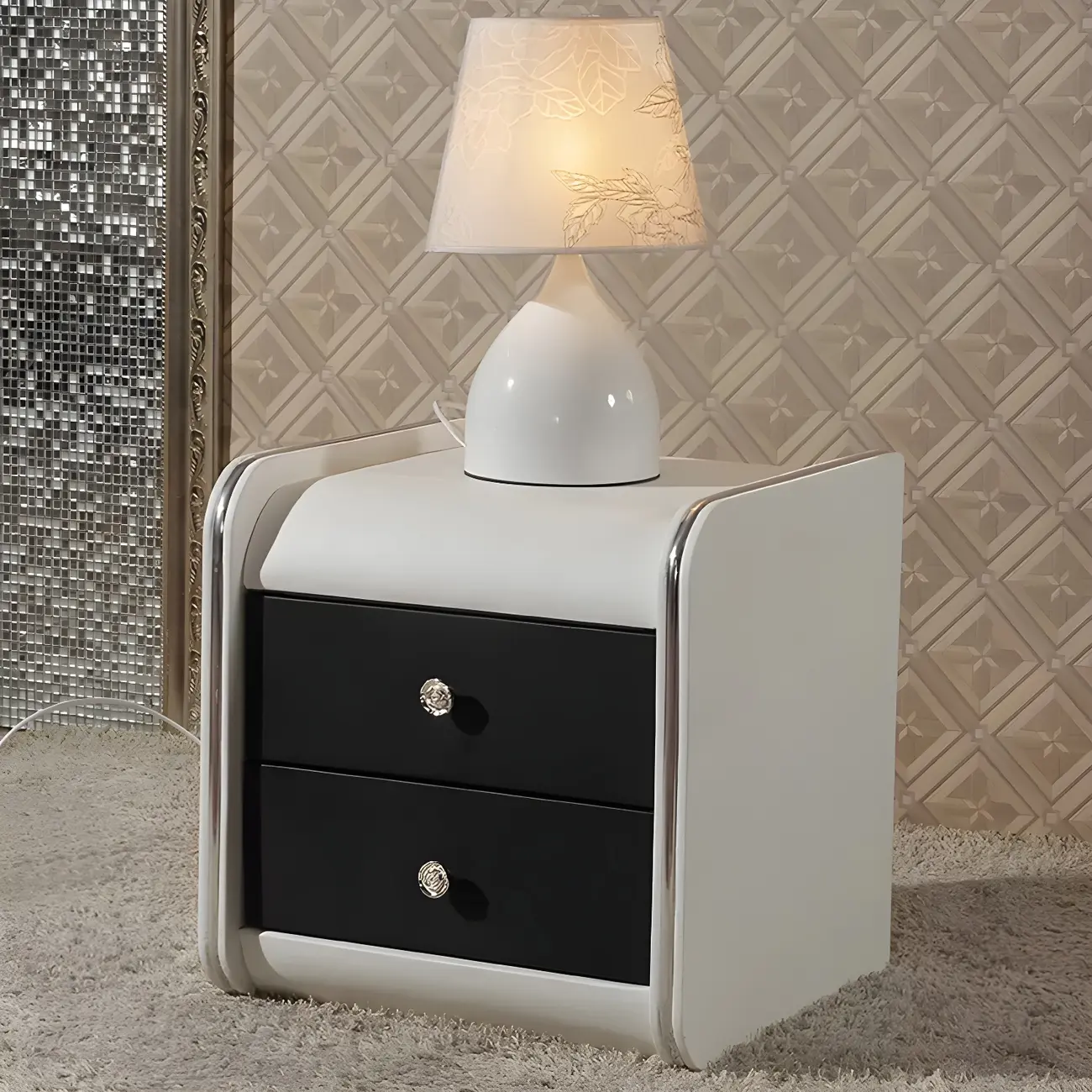 Luxurious Glossy Leather Wooden 2 Drawer Black Nightstand