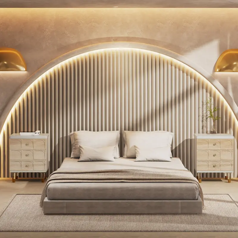 White Gold Nightstand Bedside Table with 3 Drawers