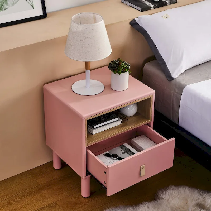 Nightstand - MDF & Solid Wood, 1 Drawer, Open Shelf, Leather Handles, 18.9W x 21.65H, Modern