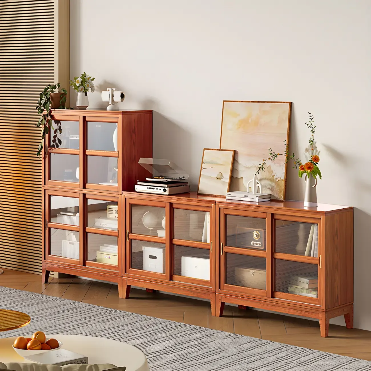 Adjustable Wood Glass Display Cabinet with Sliding Doors