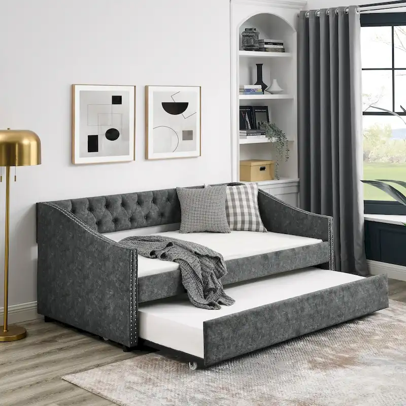 Upholstered Tufted Sofa Bed with Trundle