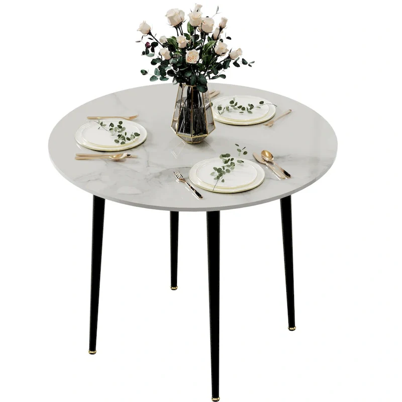 Round Kitchen Dining Table Marble Tabletop with Tapered Metal Legs - 31.5 W x 30 H