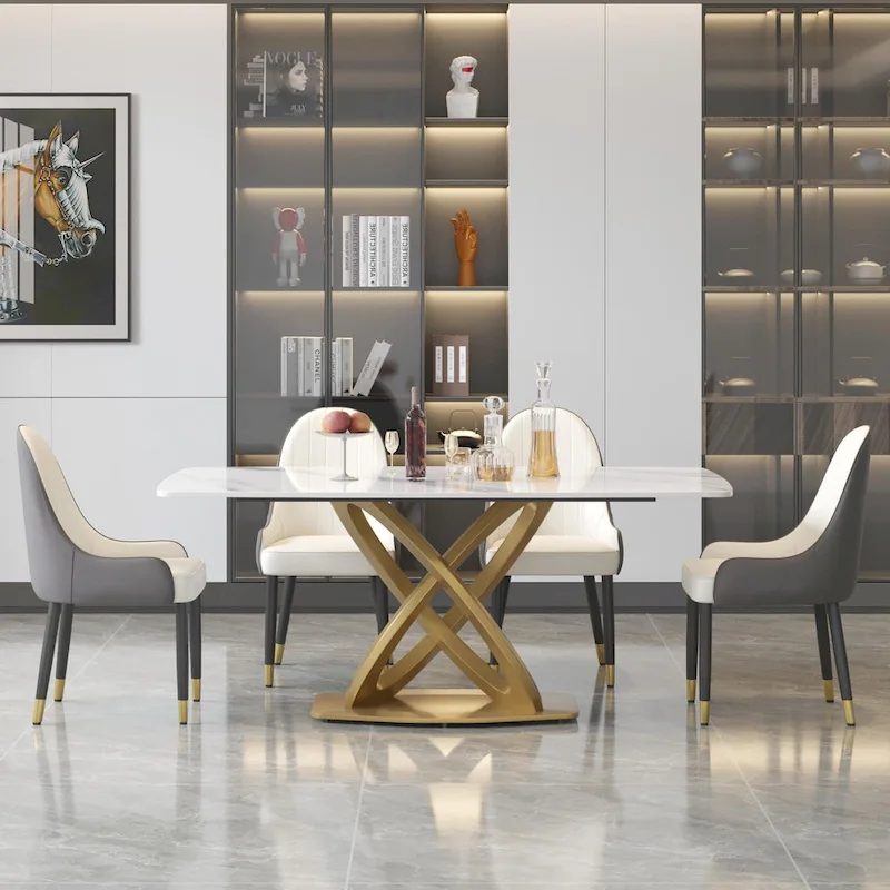 71 Modern Dining Table with Rectangular Sintered Stone Tabletop and Gold Base