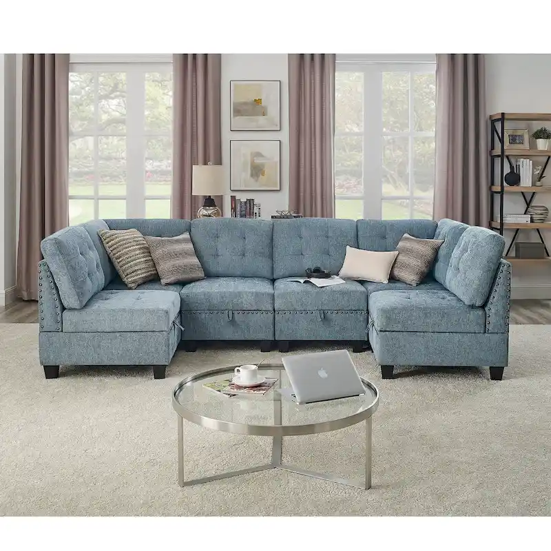 DIY Combination Modular Sectional Sofa with Hidden Storage and Copper Nail Inlays