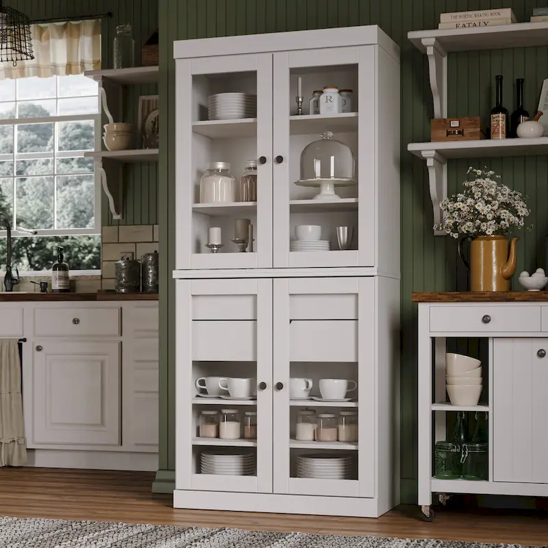 100% Solid Wood Pantry Cabinet with Frosted, Clear Glass or Solid Doors, 2-Drawers and Adjustable Shelves