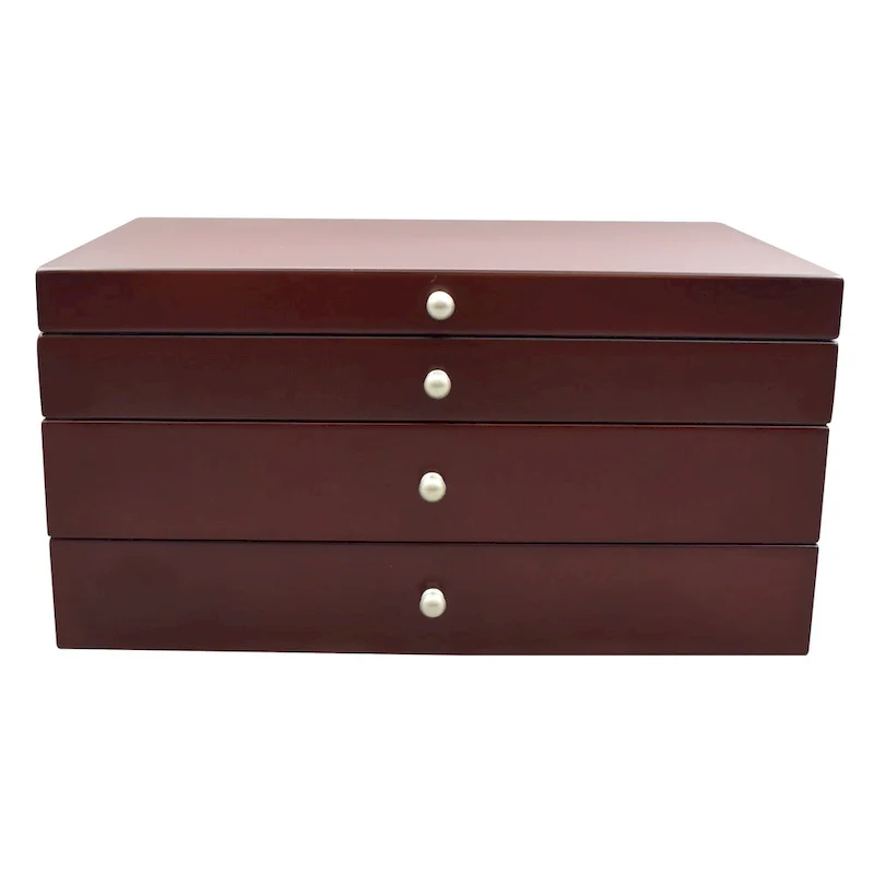 Wood Jewelry Box with Lift Top & 4 Drawers, Walnut, 5 Compartments, Ring Holder, 6 Hooks