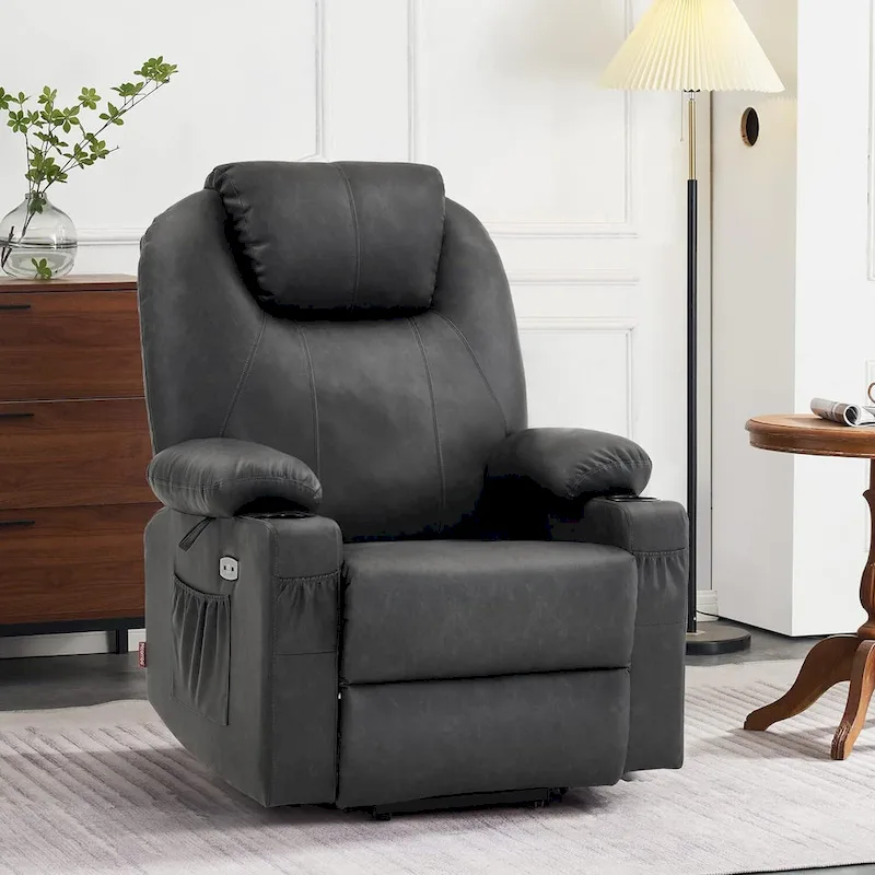 MCombo Large Power Lift Recliner Leather Chair with Massage, Heat, Cup Holders,Extended Footrest, Leather 7516