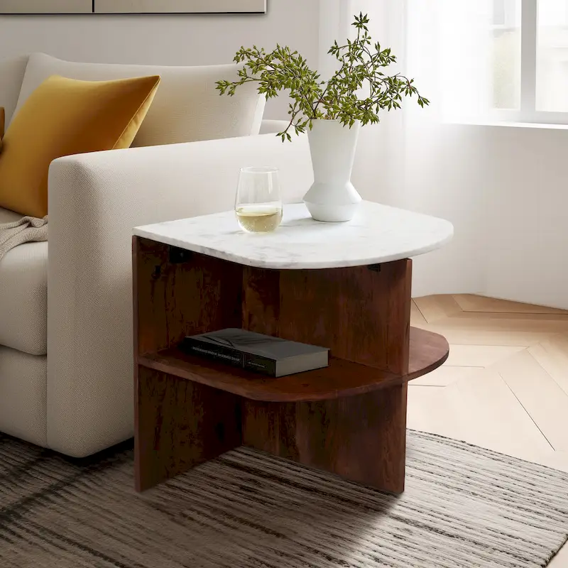 Sagebrook Home Modern Neutral Wood/Marble Brown 20 Half Round Side Accent Table - 20 x 20 x 20 - 20 x 20 x 20