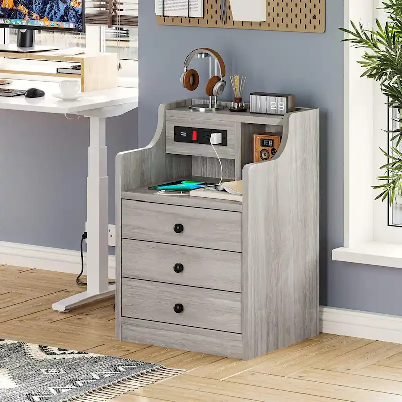 Nightstand 3 Drawers Charging Station End Side Table Bedroom