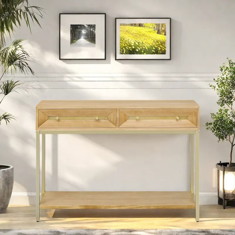 45.5 MDF Retro Console Table with Gold Accents, 2 Storage Drawers and Geometric Design