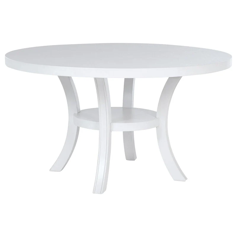 Judy Round Dining Table with Shelf and Flared Legs, White Wood 54 Inch