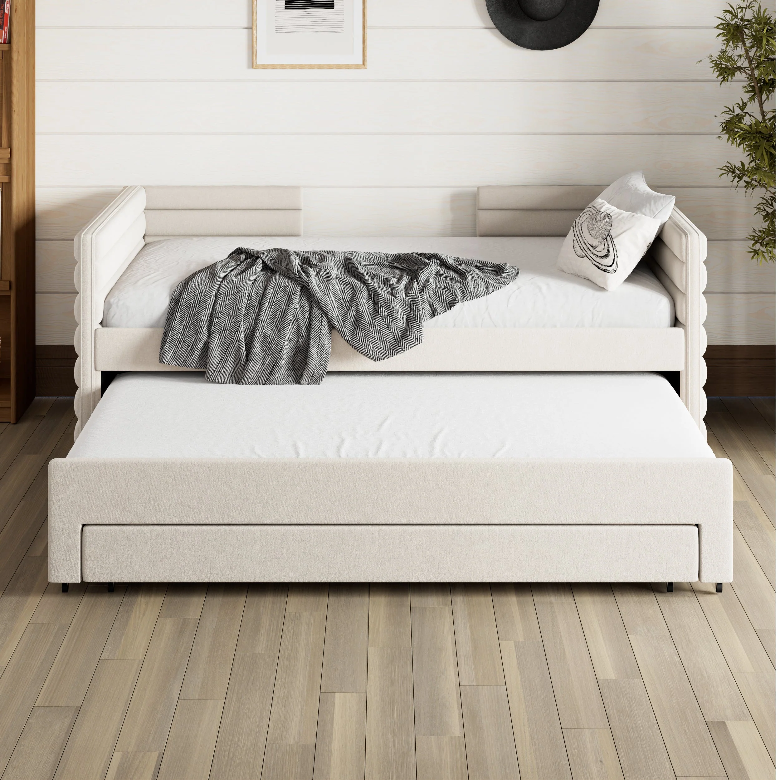 Walker Edison | Twin Size Upholstered Daybed with Trundle and 3 Storage Drawers
