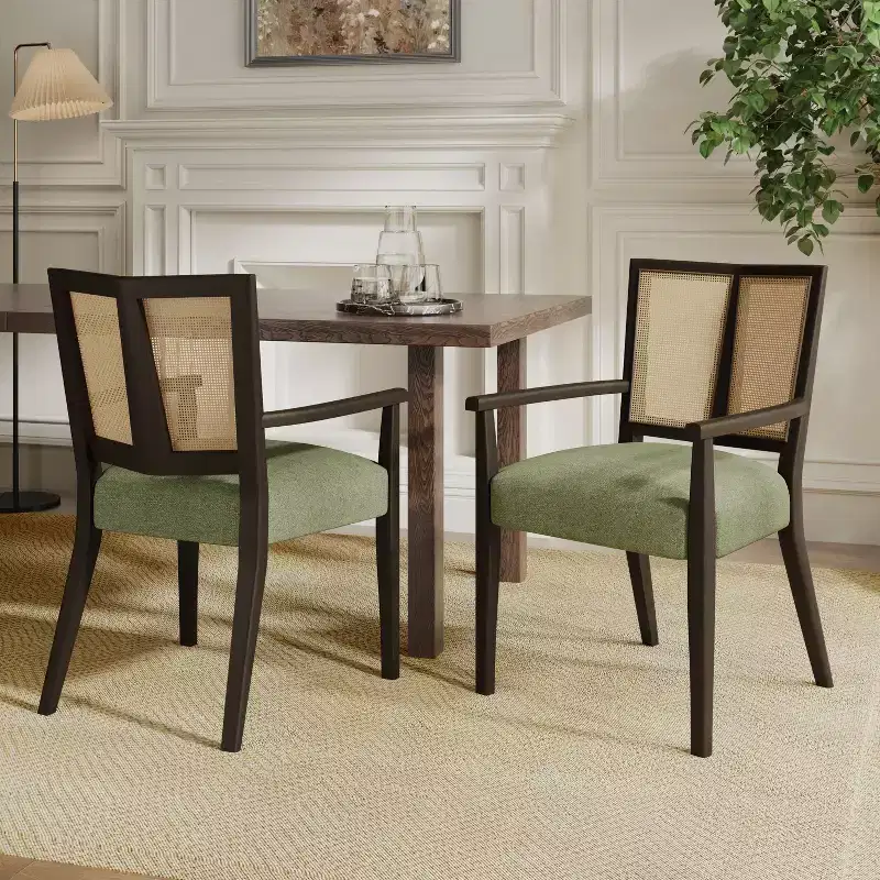 Beige/Dark Brown Upholstered Dining Arm Chairs with Rattan Back, Set of 2
