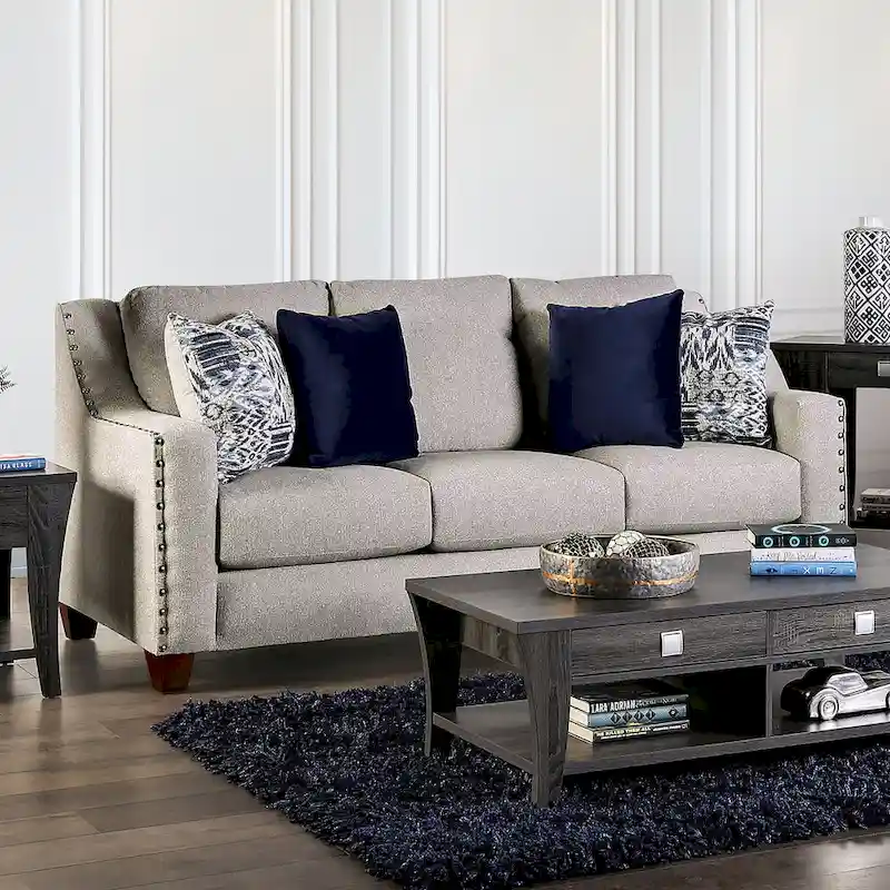 Kenwood Transitional Light Grey Fabric Upholstered Nailhead Trim Sloped Arms Sofa by Furniture of America