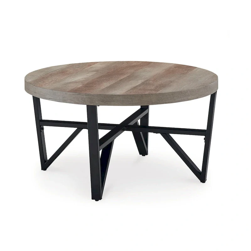 3-Piece Coffee and End Table Set - Brown Wood Round Top with Black Angular Base