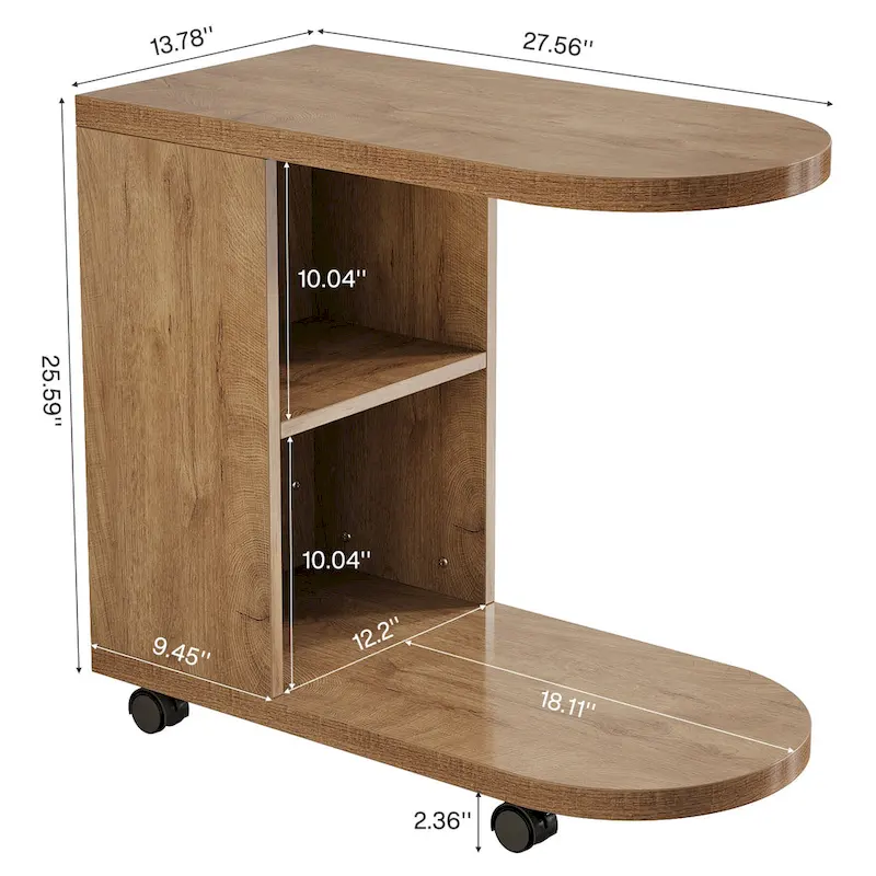 C Shaped Sofa Side Table, Mobile End Table with Storage