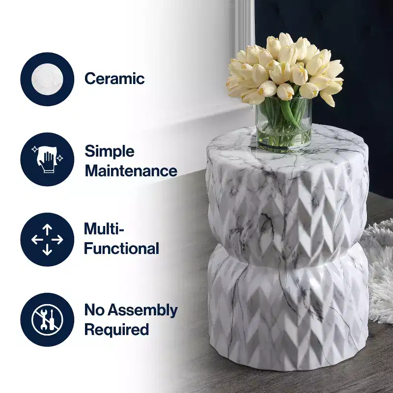 JONATHAN Y Chevron Drum 17.5 White Marble Finish Ceramic Garden Stool/Accent Table