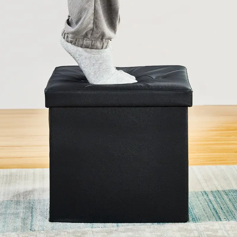 Folding Storage Ottoman, Foot Rest Stool Footstool, Leather Tufted Ottoman, Small Ottoman Cube for Living Room Bedroom Dorm