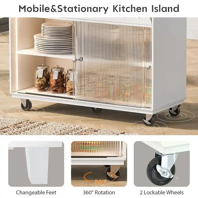 Multi-Functional Kitchen Island Cart with Drop Leaf, LED Light, and Power Outlets