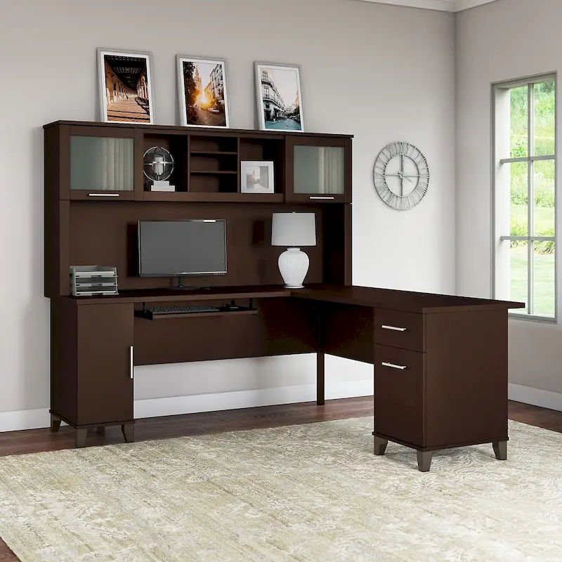 Bush Furniture Somerset 72W L Shaped Desk with Storage Hutch