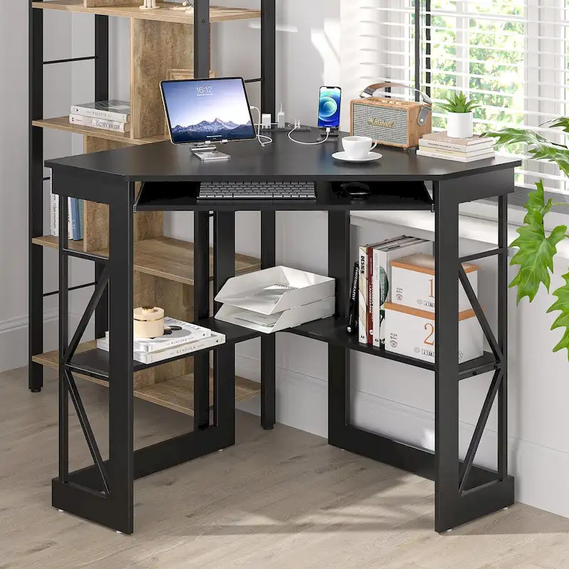 Corner Desk Small Desk with Outlets Corner Table for Small Space, Computer Desk with USB Ports Triangle Desk with Storage