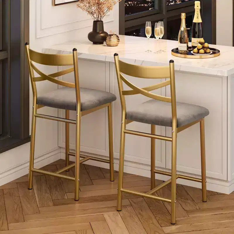 Set of 2 Counter Height Bar Stools with Back, Upholstered Faux Leather Bar Chairs with Thick Cushion and Footrest