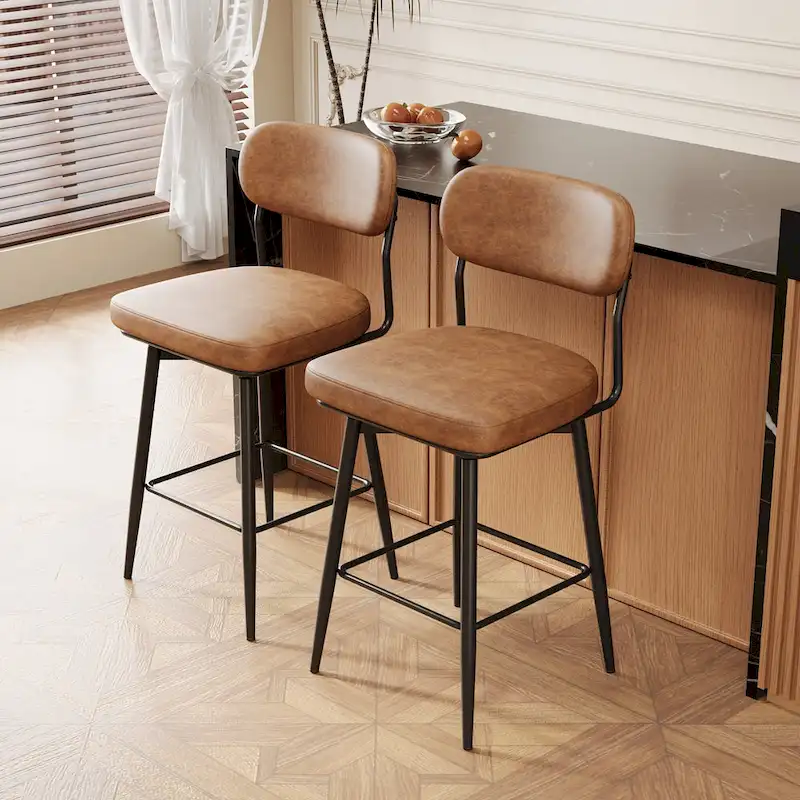 Leather Swivel Bar Stools with Iron Base - Set of 2