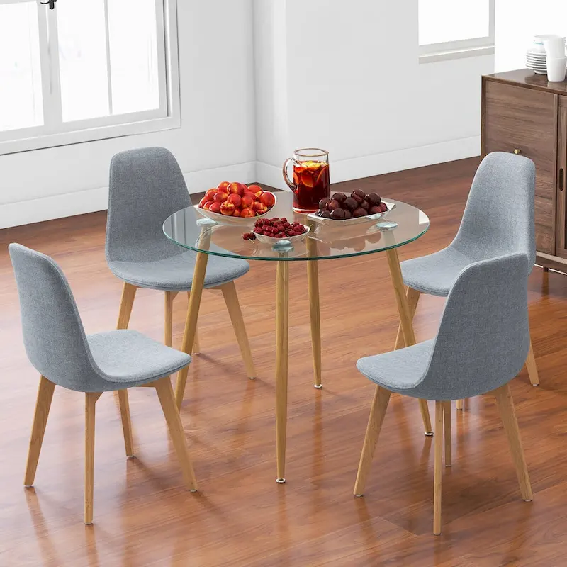 Gymax 5 PCS Dining Set Round Tempered Glass Table 4 Fabric Chairs