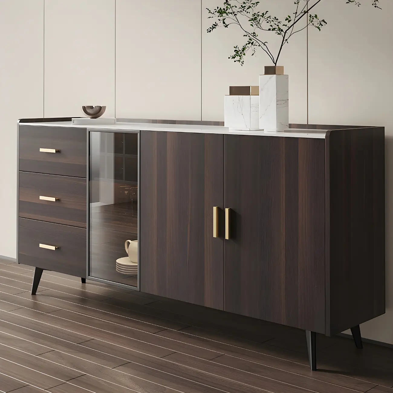 Glam Walnut Wooden Sideboard with Drawers & Cabinets